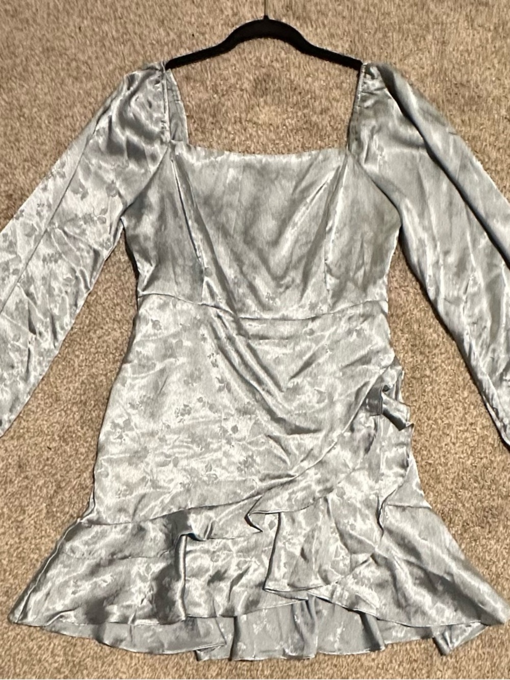 Altar'd State Silver-Blue Satin Ruffle Long-Sleeve Dress